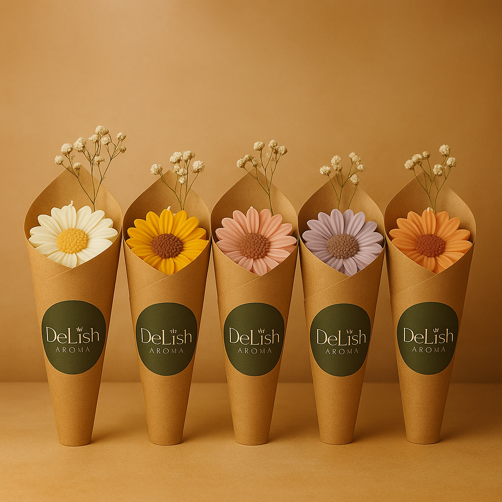DeLish Aroma™ DaisyBloom Flower Candle – Handcrafted Scented Soy Wax Floral Gift | Set of 1