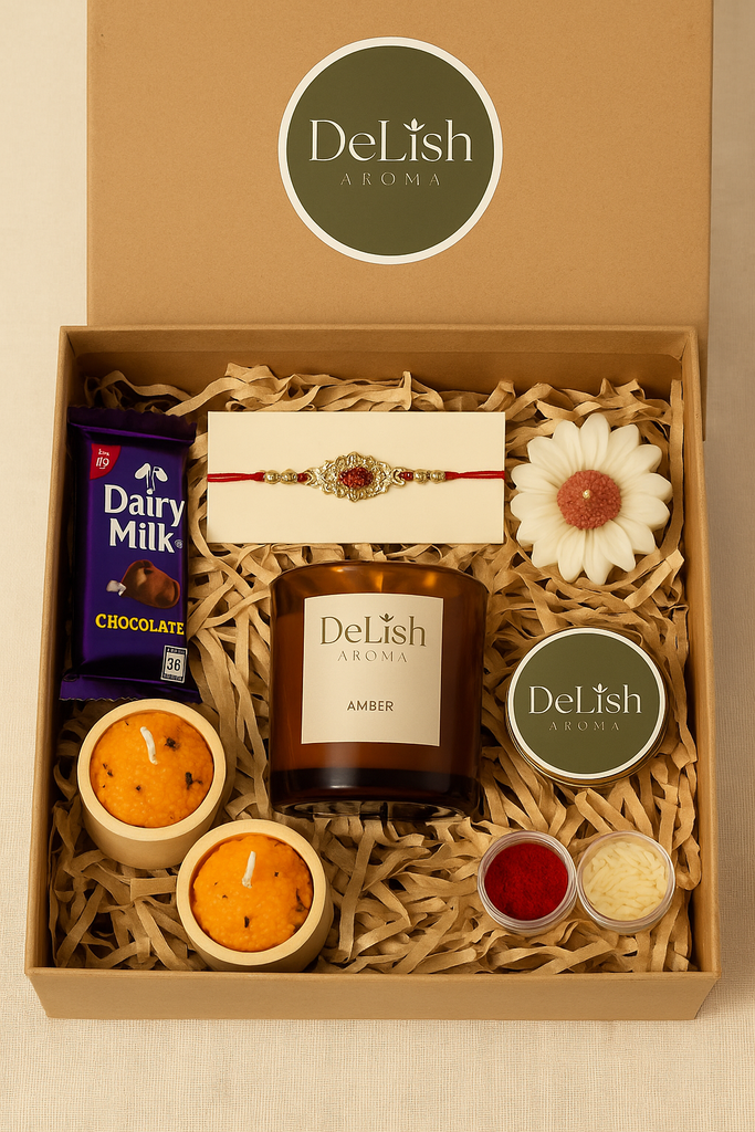 Luxury Rakhi Gift Box for Brother – DeLish Aroma Scented Candle Hamper with Rakhi, Ladoo Candles & Chocolate