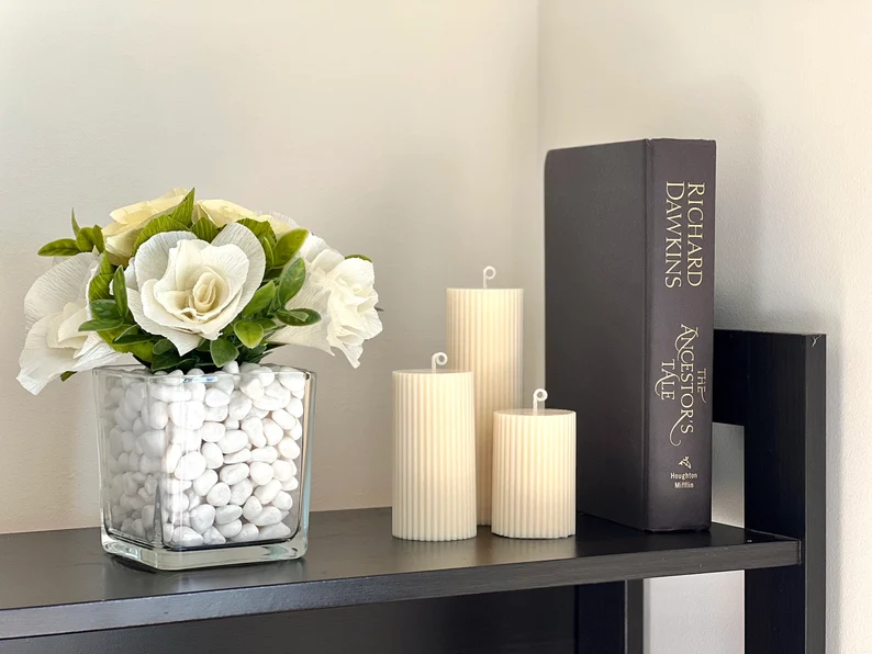 DeLishAroma  Ribbed Pillar Candle Set | Soy Wax Candle | Decorative Candle | Aesthetic Candle | Unique Candle | 80hr And 120hr Burning time (8x12 cm, Jasmine, Beige)